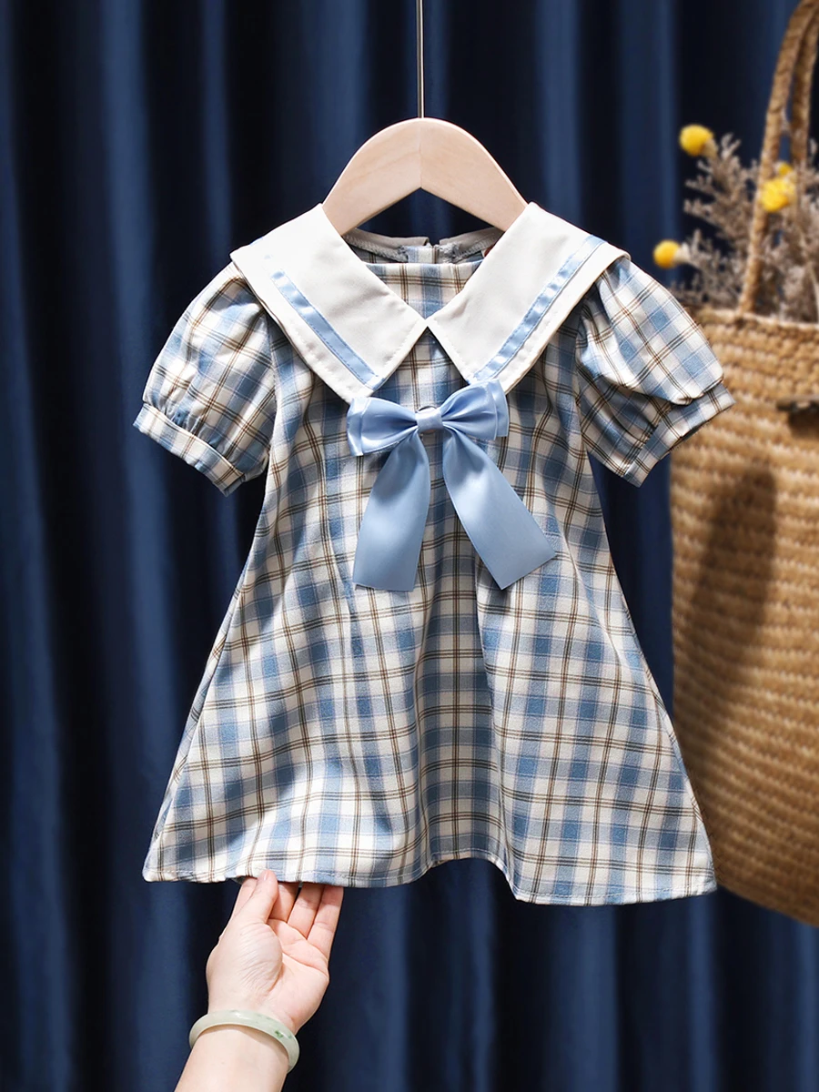 

Girls Plaid Dress 2022 New Summer Turn Down Collar Puff Short Sleeve Princess Frock Fashion Cute Preppy Style Dresses 1-6 Years