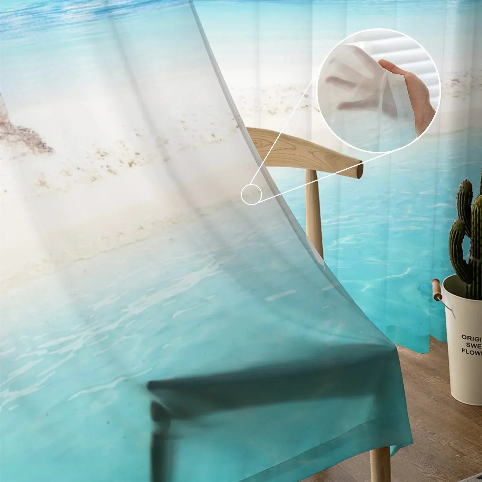 Пальма море пляж голубое небо белые облака тюлевые прозрачные шторы для гостиной