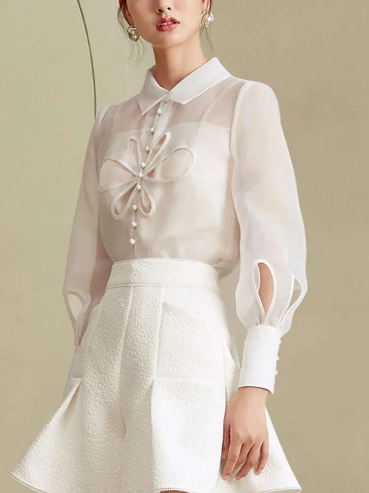 Женская однотонная однобортная блузка с длинным рукавом и отложным воротником