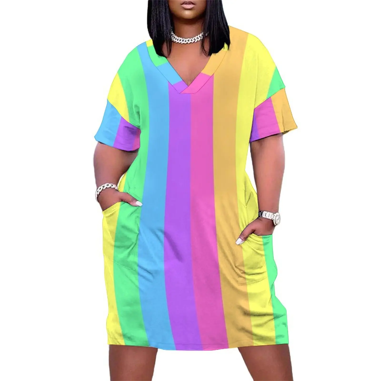 Пастельное Радужное платье из шербета свободное с карманами сексуальное