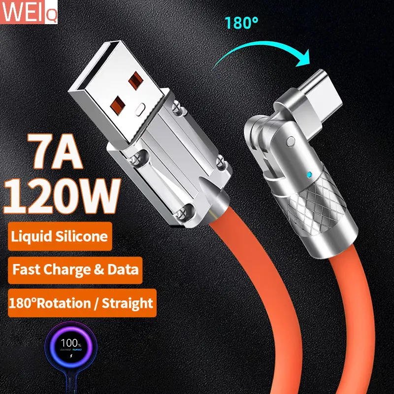 

120W 7A USB Type C Fast Charge Data Cable 180 Degree Rotation Elbow Cable for Game For Xiaomi Samsung Charger Liquid Silicone