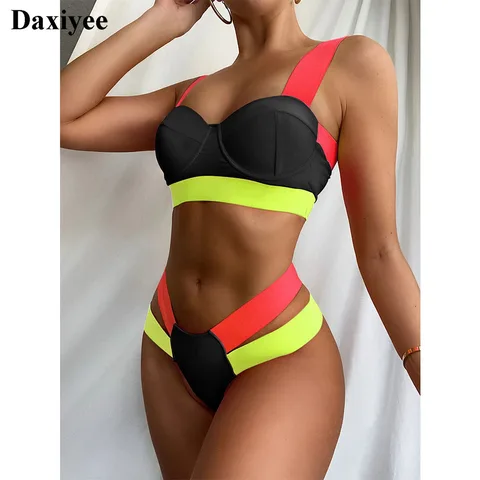 2022 New Sexy Underweared Bikini Set Neon Hot Pink Patchwork Swimsuit Splicing Contrast Color Bathing Suit Padded Women Swimwear