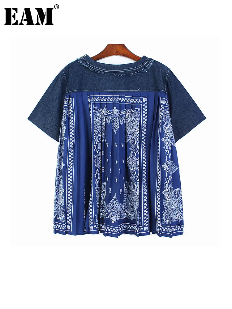

[EAM] Women Blue Pleated Printed Big Size Casual T-shirt New Round Neck Short Sleeve Fashion Tide Spring Summer 2023 1DE9524