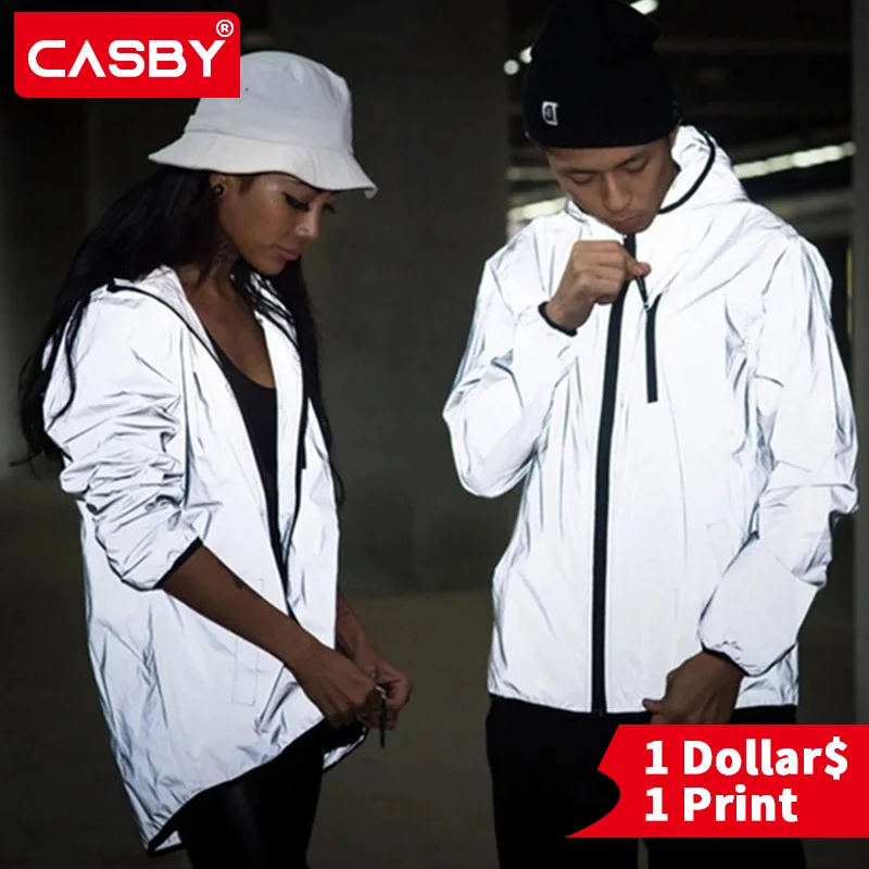 

Custom Logo Noctilucent Streetwear Men's Reflective Jacket Women Windbreaker Hooded Coats Mens Streetwear Night Shiny Jackets