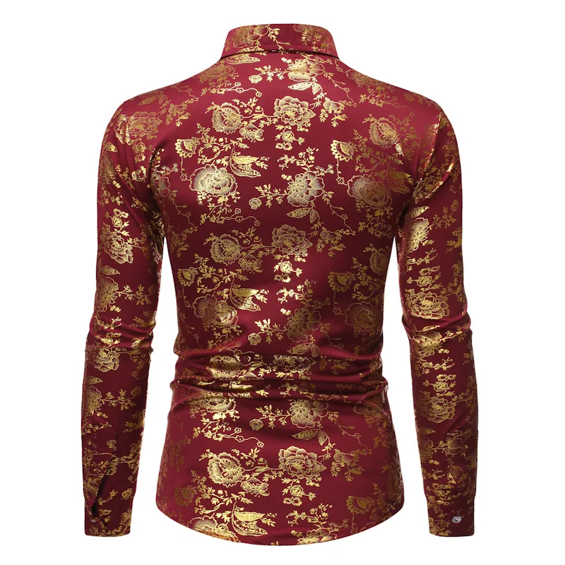 Mattswag Mens WIne Red Luxury Floral Gold Shiny Print Shirts Stylish Slim Long Sleeve Dress Shirt Party Prom Show Camisa Men XL