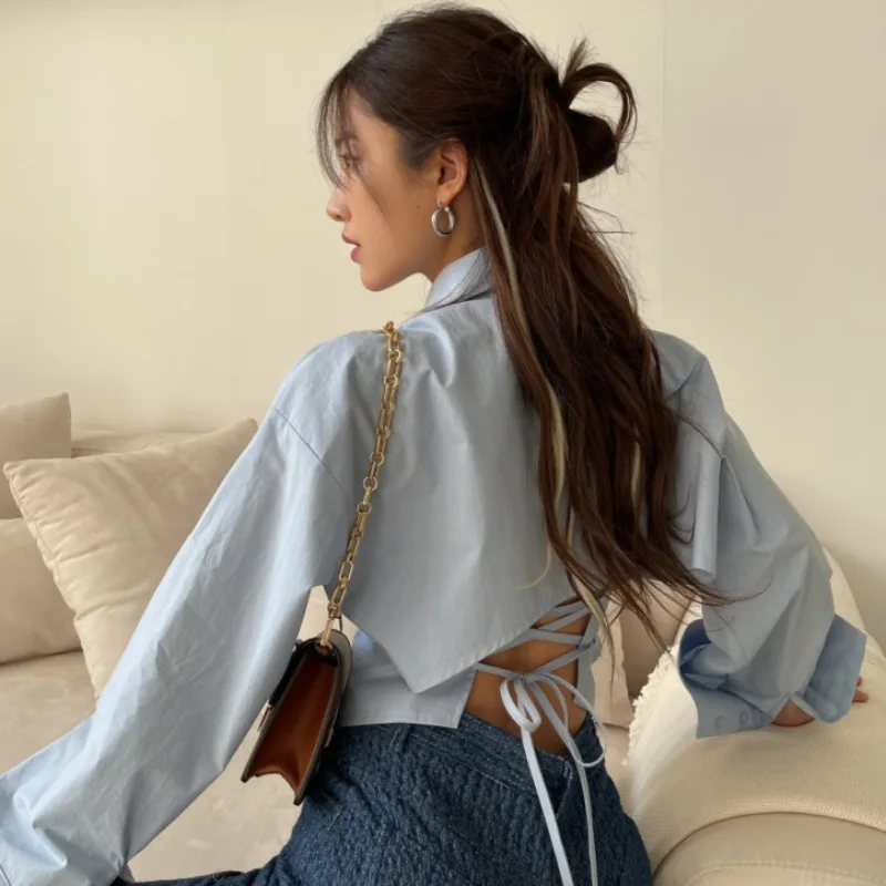 

South Korea New Design Temperament Back Tie Top Slim Long Sleeve Shirt Women Kawaii Clothes Vintage T-shirts ZA Fashion Harajuku