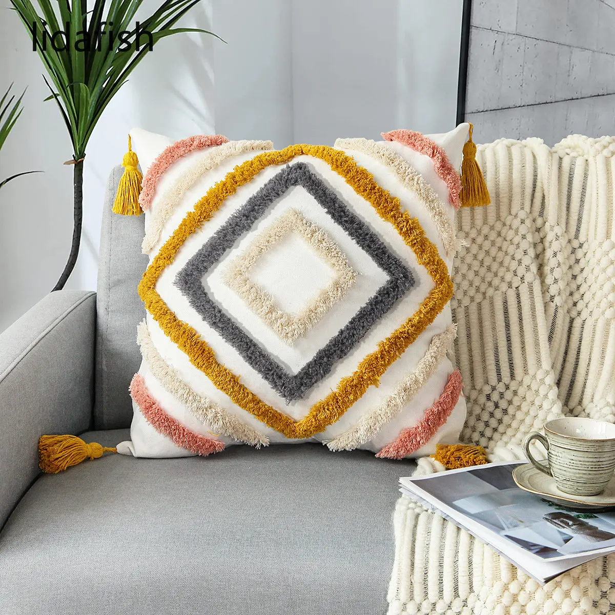 

Simple 45*45cm Soft Colorful Cotton Sofa Cushion Cover Moroccan Style Home Decorate Pillowcase With Fringe