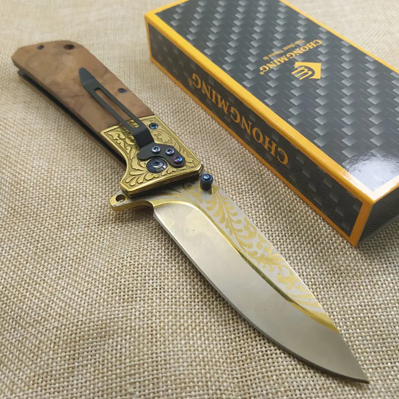 

8.3'' Tactical Folding Knives Ebony + Wood Handle Outdoor Camping Survival Hunting Knives Wood Handle Camping Hunting Knife +Box
