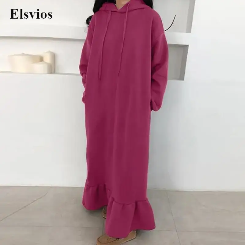 

Women Long Sleeve Casual Sweatshirt Dress Fashion Solid Loose Ruffle Maxi Dress Vintage Fleece Pocket Straight Pullover Dresses
