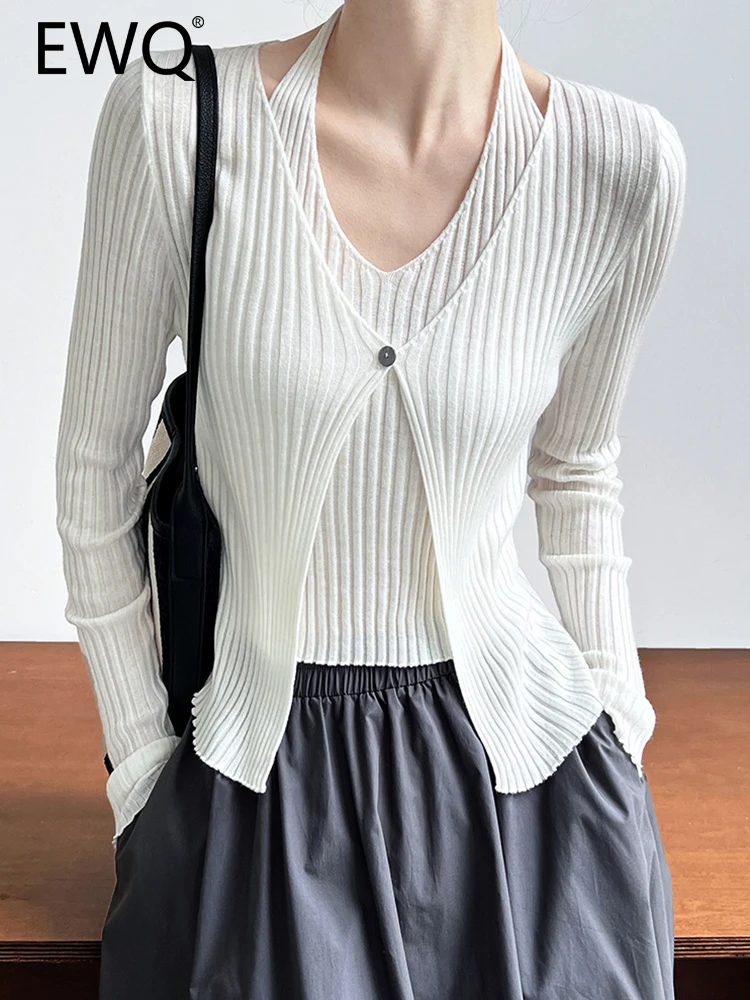 

EWQ Elegant Spliced Knitting Sweater For Women Solid V Neck Long Sleeve Office Lady Female Tops 2023 Autumn New Clothing 26D5307