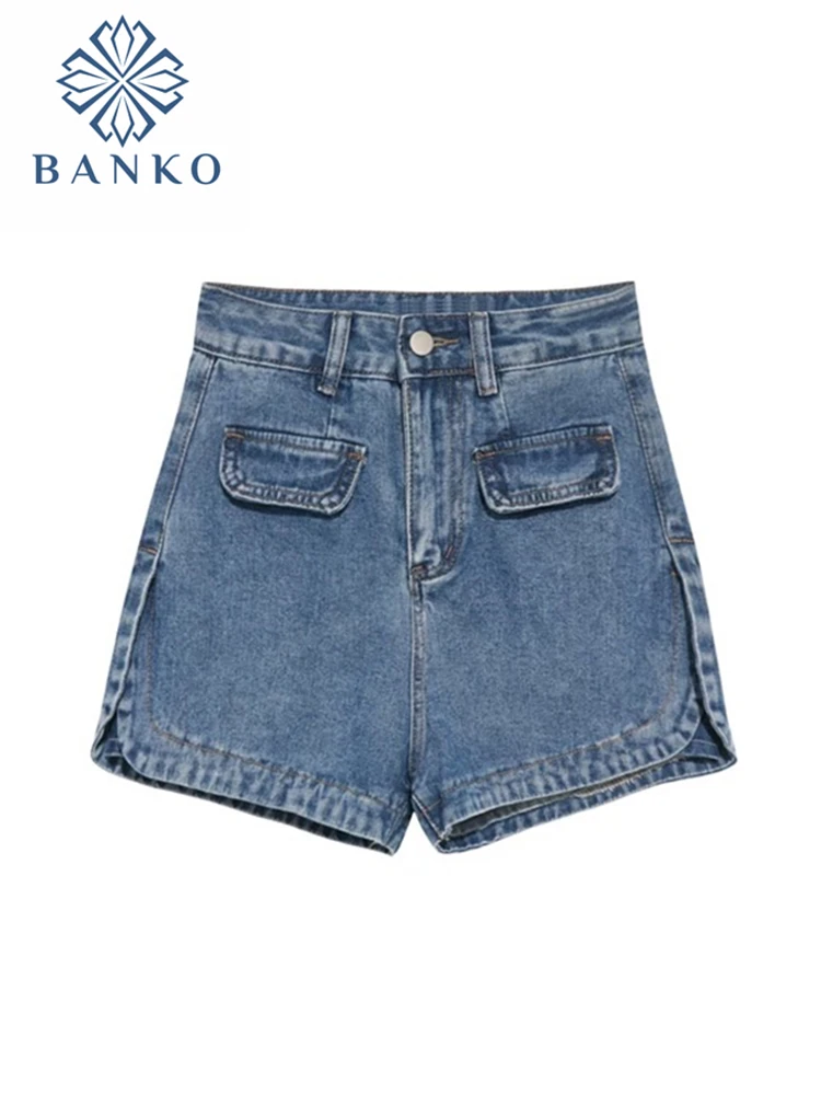 

Шорты женские джинсовые с высокой талией, повседневные универсальные с карманами и широкими штанинами, модные короткие брюки в Корейском с...