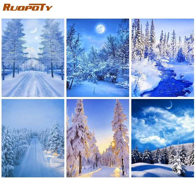 

RUOPOTY Modern Painting By Numbers Diy Handpainted Pictures By Numbers Snowy scenery Drawing By Number Artwork