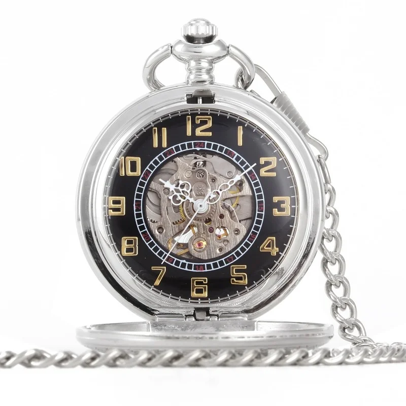 Silver Mechanical Hand Wind Antique Pocket Watch Exquisite Blue Roman Numerals Display Skeleton Pendant Clock Gifts Elder