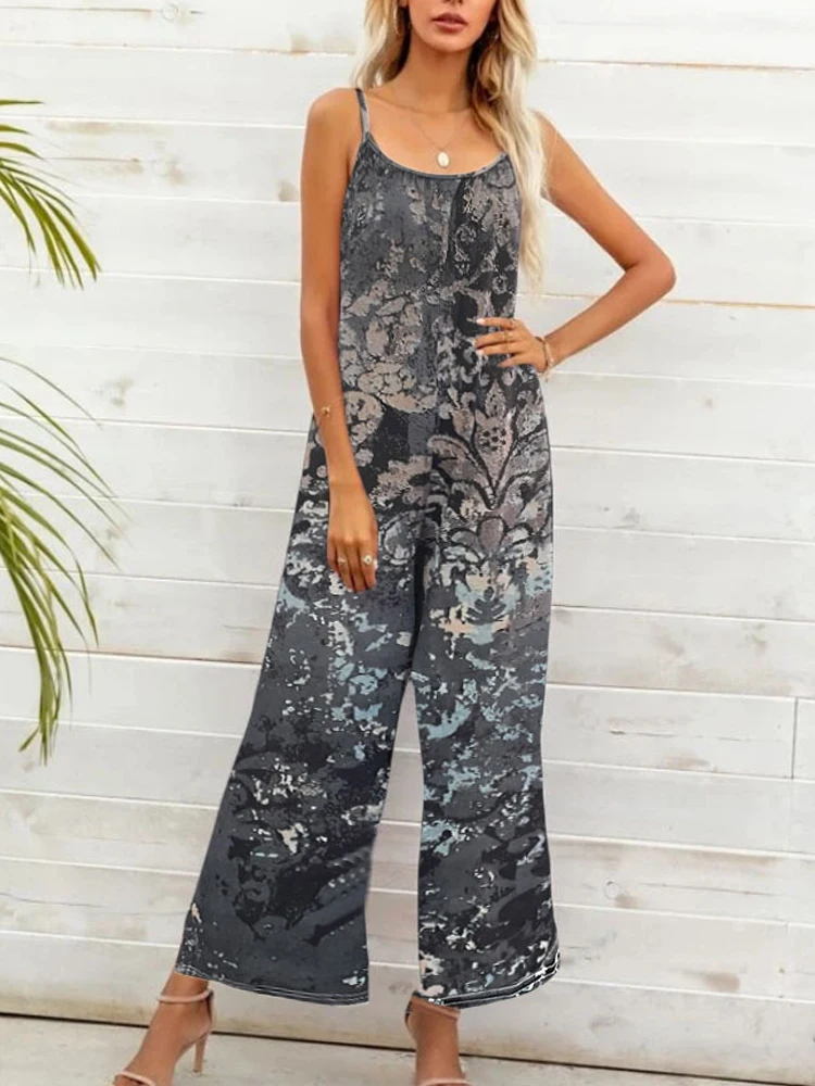 

Summer Leisure Vacation Street Jumpsuit Women Retro Printed Sling Loose Jumpsuit New Sexy Sling Sleeveless Straight Jumpsuit