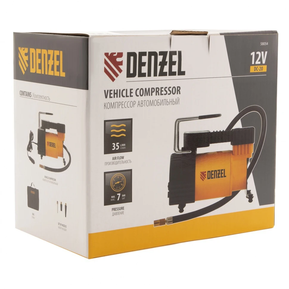 Компрессор Denzel DС-20 автомобильный 12 В 7 атм 35 л/мин 58054