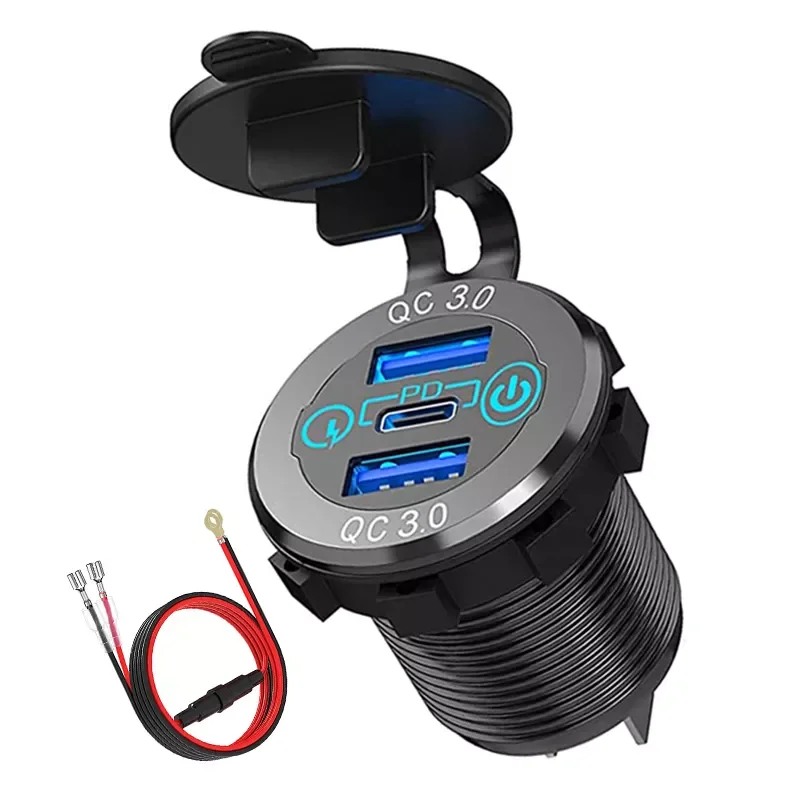 

Type C Car Charger Socket QC3.0 Dual Ports 60W USB C Triple 12V USB Socket Car Charger with Touch Switch for Car Boat Marine