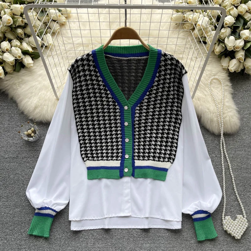 

Chic Houndstooth Blouses Femininas V Neck Lantern Sleeve Knitted Tops Dames High Street Blusa Mujer Casual Shirts Dropshipping