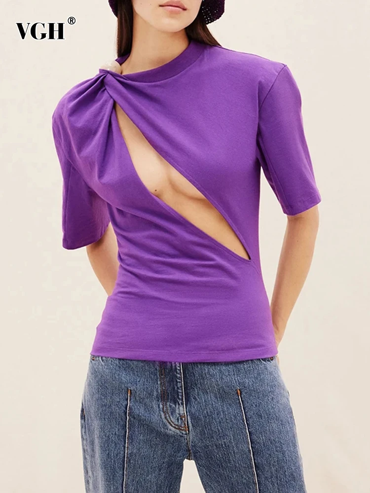 

Женский Асимметричный пуловер VGH, Повседневная Свободная футболка с круглым вырезом и коротким рукавом, лето 2023