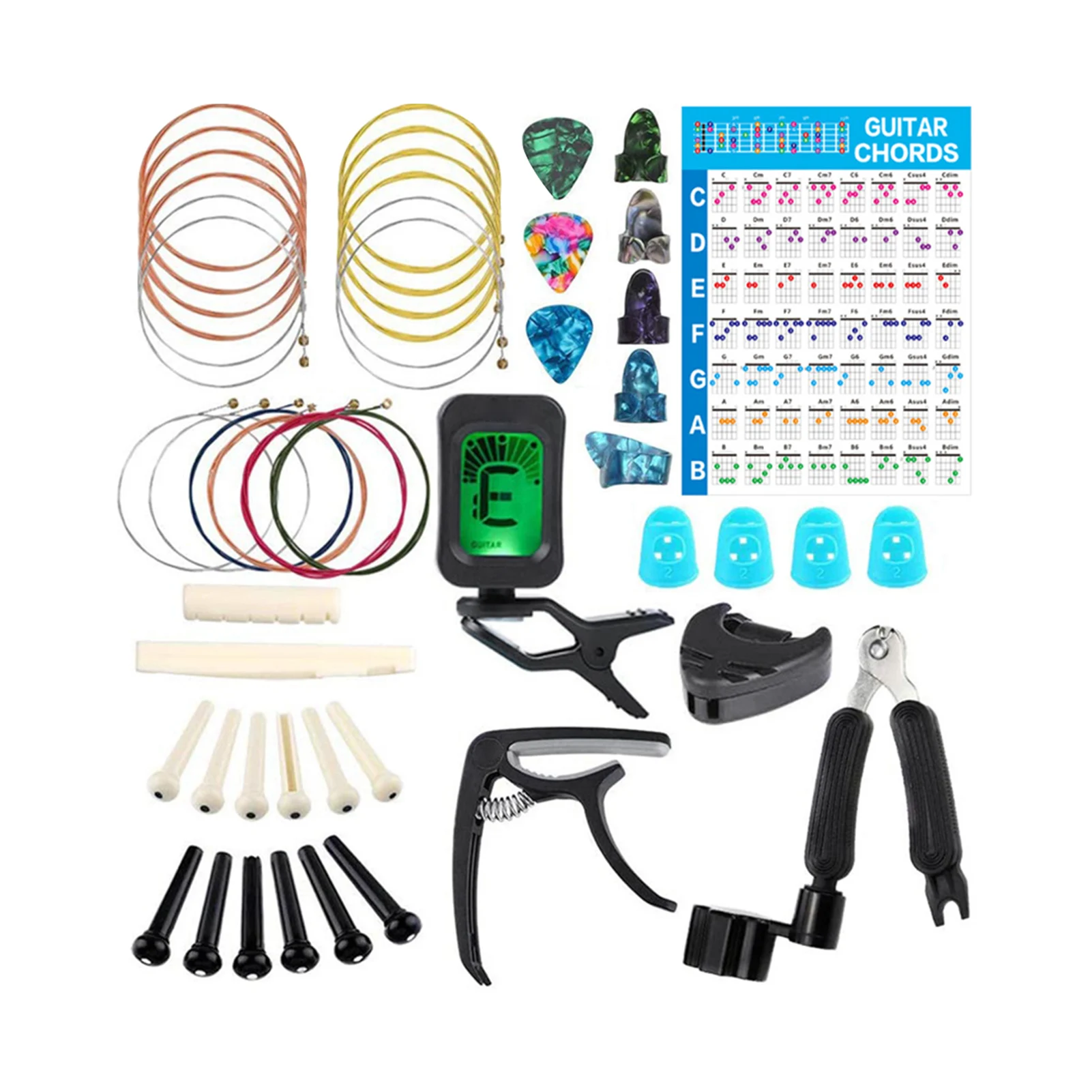 

49pcs Tuner Finger Picks Repair Tool Chord Chart Luthier Capo Acoustic Strings Bridge Pins Professional Guitar Accessories Kit