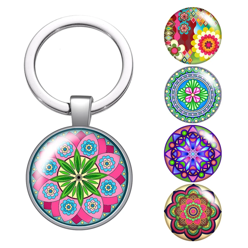 

Flowers Patterns Vintage styles glass cabochon keychain Bag Car key chain Ring Holder silver color keychains for Man Women Gift