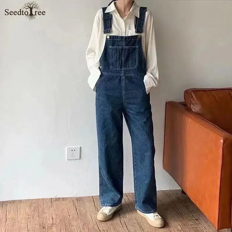 Корейские модные мужские джинсовые комбинезоны свободные прямые брюки на