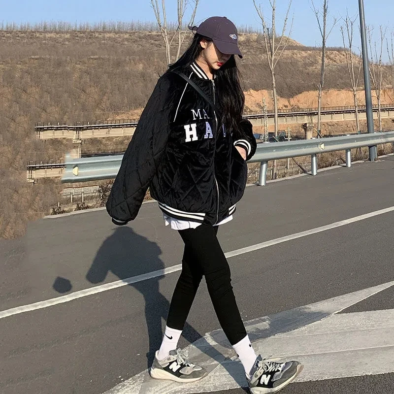 American Retro Style Letter Thick Baseball Uniform Trend Jacket Female Students Winter Harajuku Loose Cotton Coat Ins Overcoat