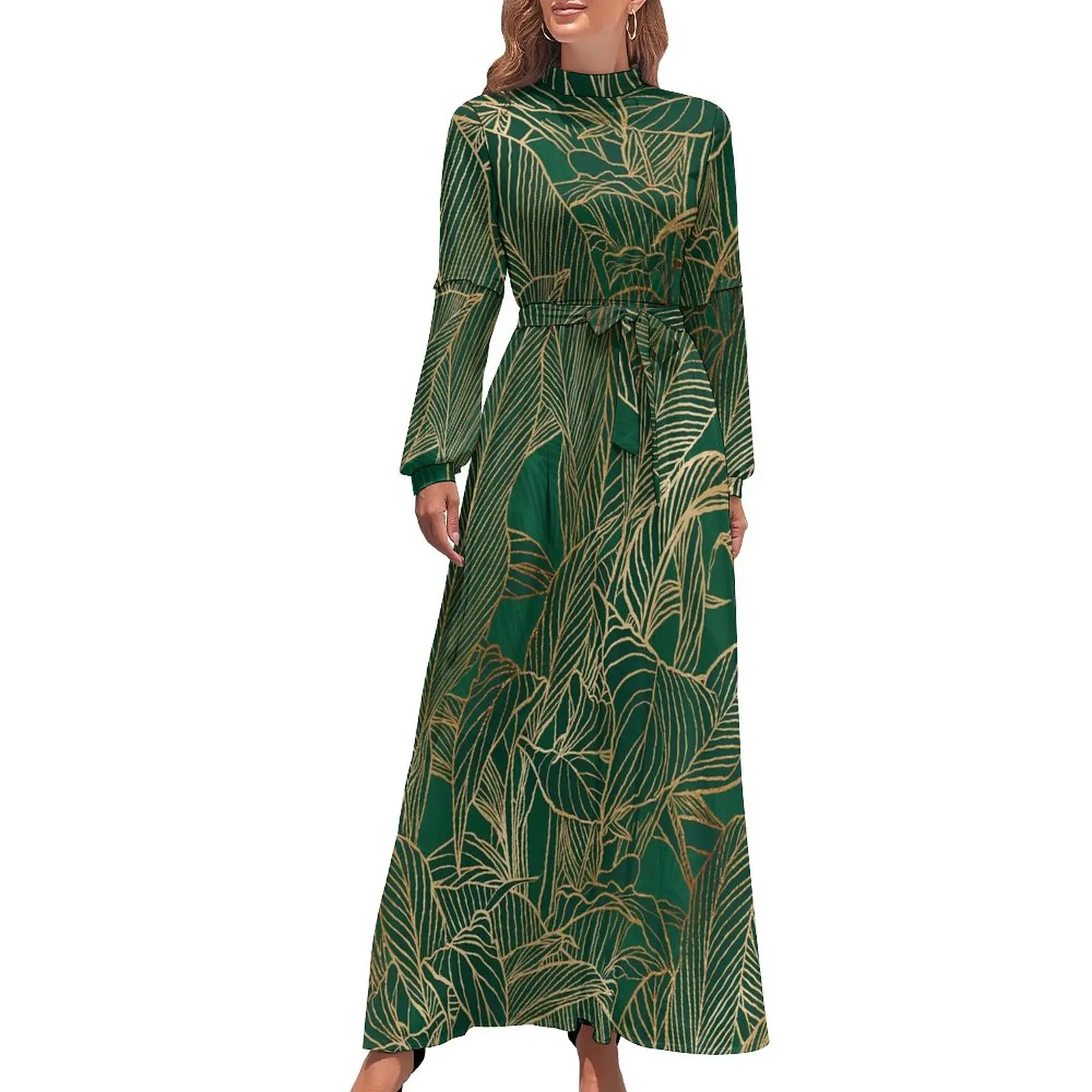 

Plants Design Dress Green Gold Leaves Cute Maxi Dress Stylish Beach Long Dresses High Waist Custom Vestido