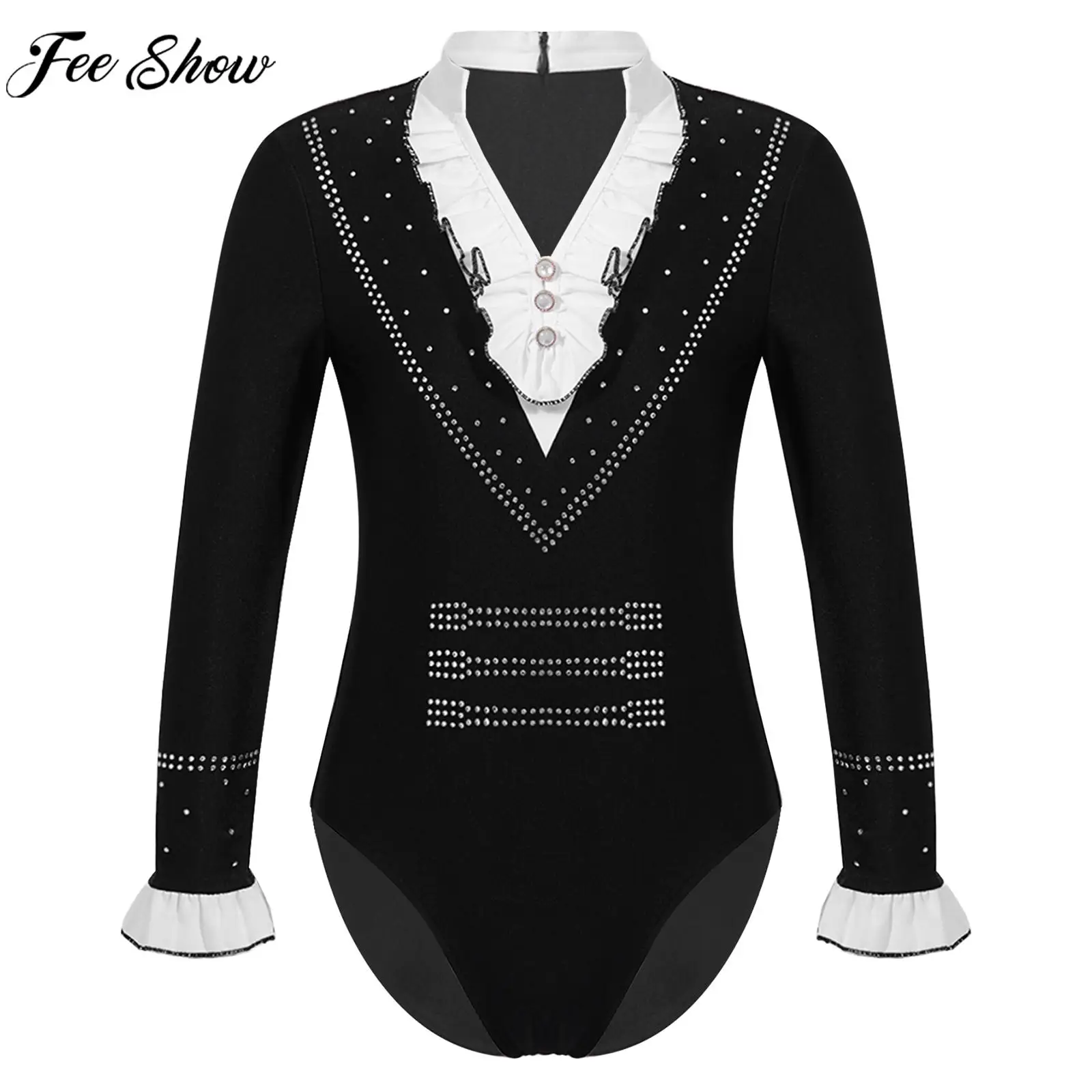 

Boys Dance Bodysuit Ballet Gymnastic Figure Skating Leotards Long Sleeve Shiny Rhinestone Dancewear for Competition Performance