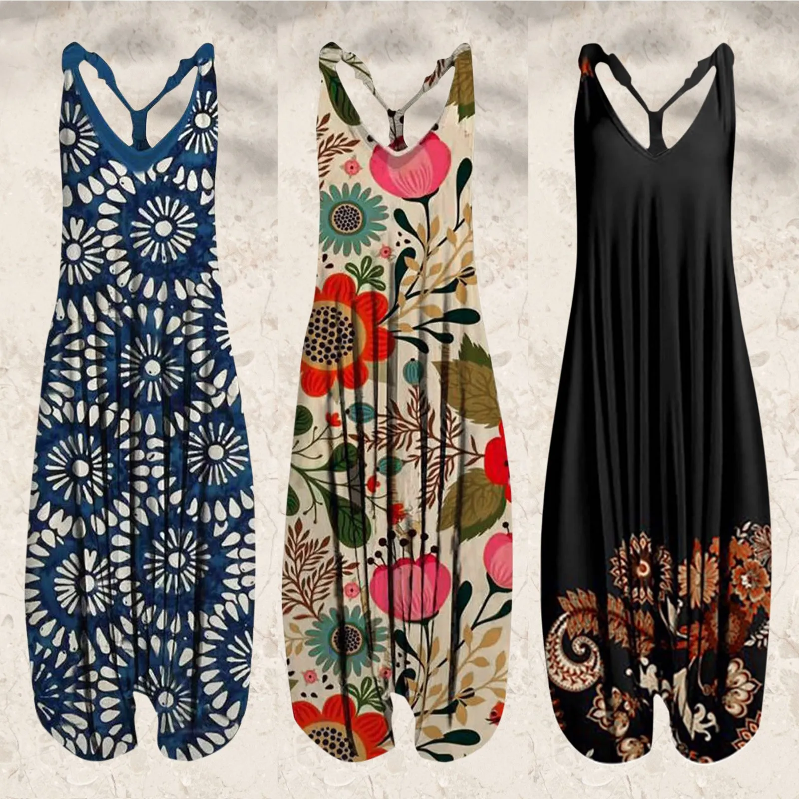 

Summer Jumpsuit Women 2022 Vintage Floral Print Sleeveless V Neck Rompers Playsuit Comfy Jumpsuits Overalls For Women Oversized