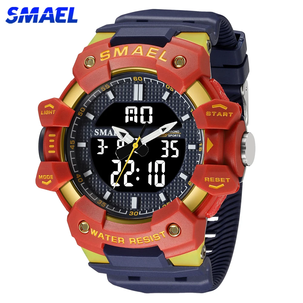 

Мужские спортивные часы SMAEL, лидер продаж, водонепроницаемые часы с секундомером, мужские цифровые наручные часы с двойным дисплеем времени, мужской подарок