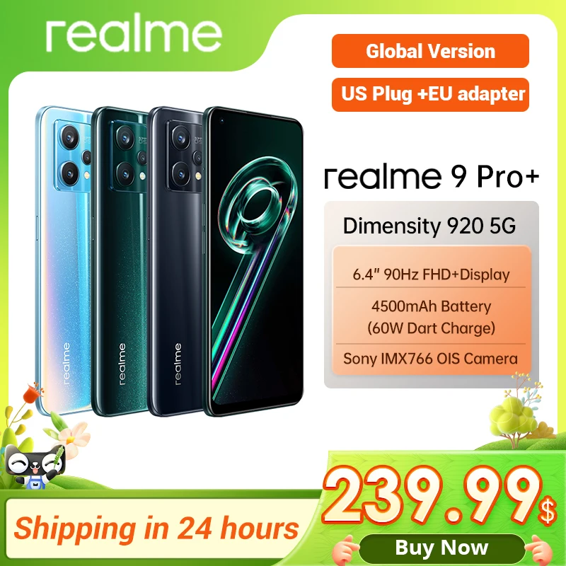 Global Version Realme 9 Pro Plus 5G Dimensity 920 Sony Imx766 Ois Camera 60w Superdart Amoled Display  (US Plug+Adapter)