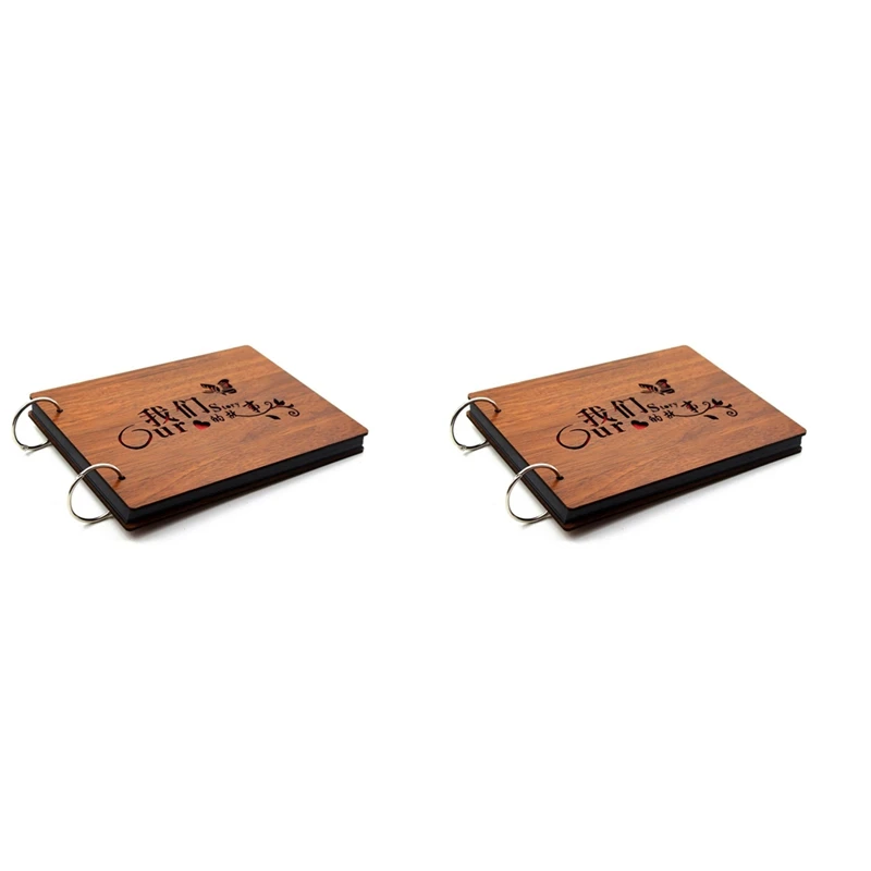 

Promotion! 2X DIY Photo Album Wood Cover Anniversary Scrapbook 8 X 6 Inches Self-Adhesive Picture Book With Black Pages(Our Stor