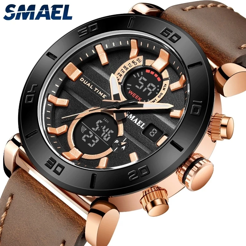 

SMAEL Fashion Watches for Men Waterproof 3Bar Top Brand Luxury Dual Display Alloy Case Creative Digital Leather Watches SL6010