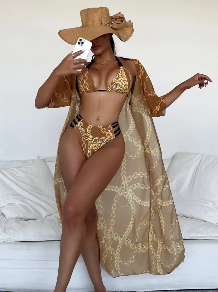 Женский купальник с принтом размера плюс 3 шт. летняя сексуальная женская накидка