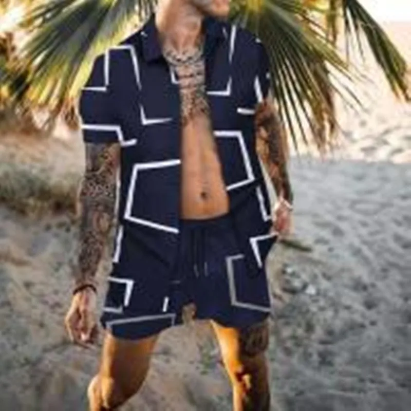 

2023 Summer New Men's Relaxed Loose Ventilate Print Two-Piece Shirt Beach Suit Men