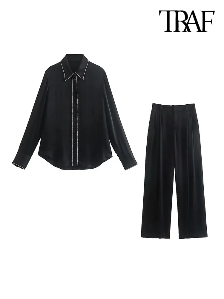 

Женский комплект из двух предметов, атласная блузка со средней посадкой и брюки на молнии