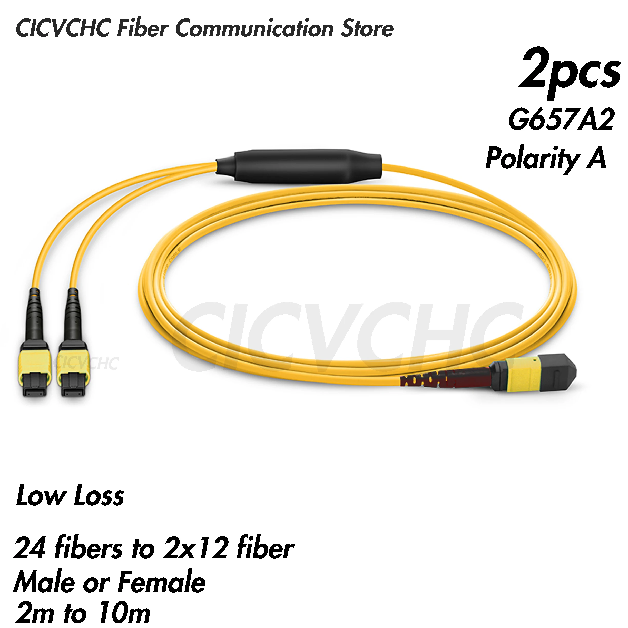 2pcs Y cable 24 Fibers to 2x12 Fiber MPO/APC-MPO/APC,SM, OS2, Male or Female, Option A, MPO Assemblies