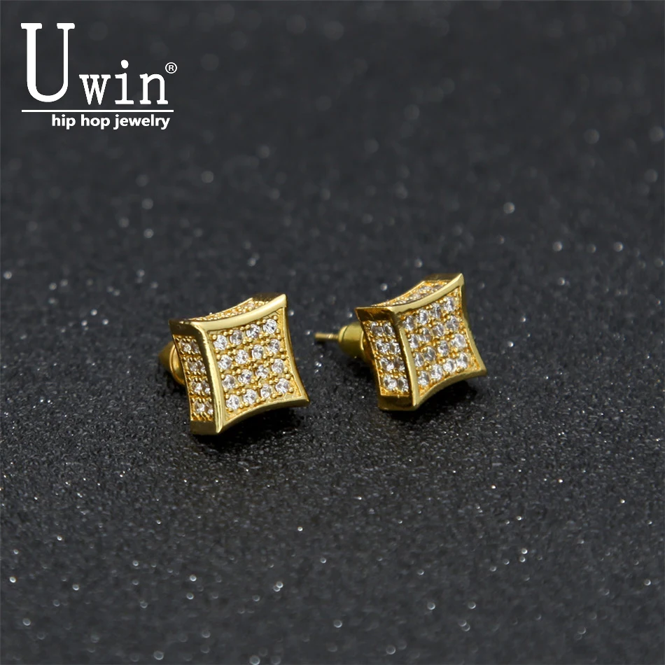 

Fashion Hip Hop Jewelry AAA Zircon Men's Stud Earrings Copper Material Gold color Color Square Earrings For Women 12mmx12mm