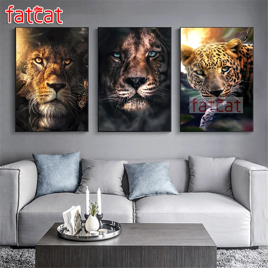 

Триптих FATCAT с животными Лев и леопард, алмазная живопись 5d, полноразмерная круглая мозаика, вышивка, рукоделие, домашний декор AE3302