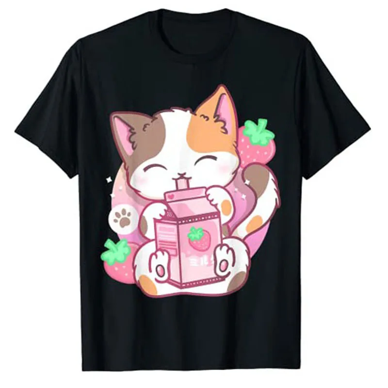 

Kawaii Neko Anime TShirt Cute Strawberry Shake Strawberry Milk Cat Graphic TShirt Women Clothing Ladies Commuter Tops Y2k Shirt