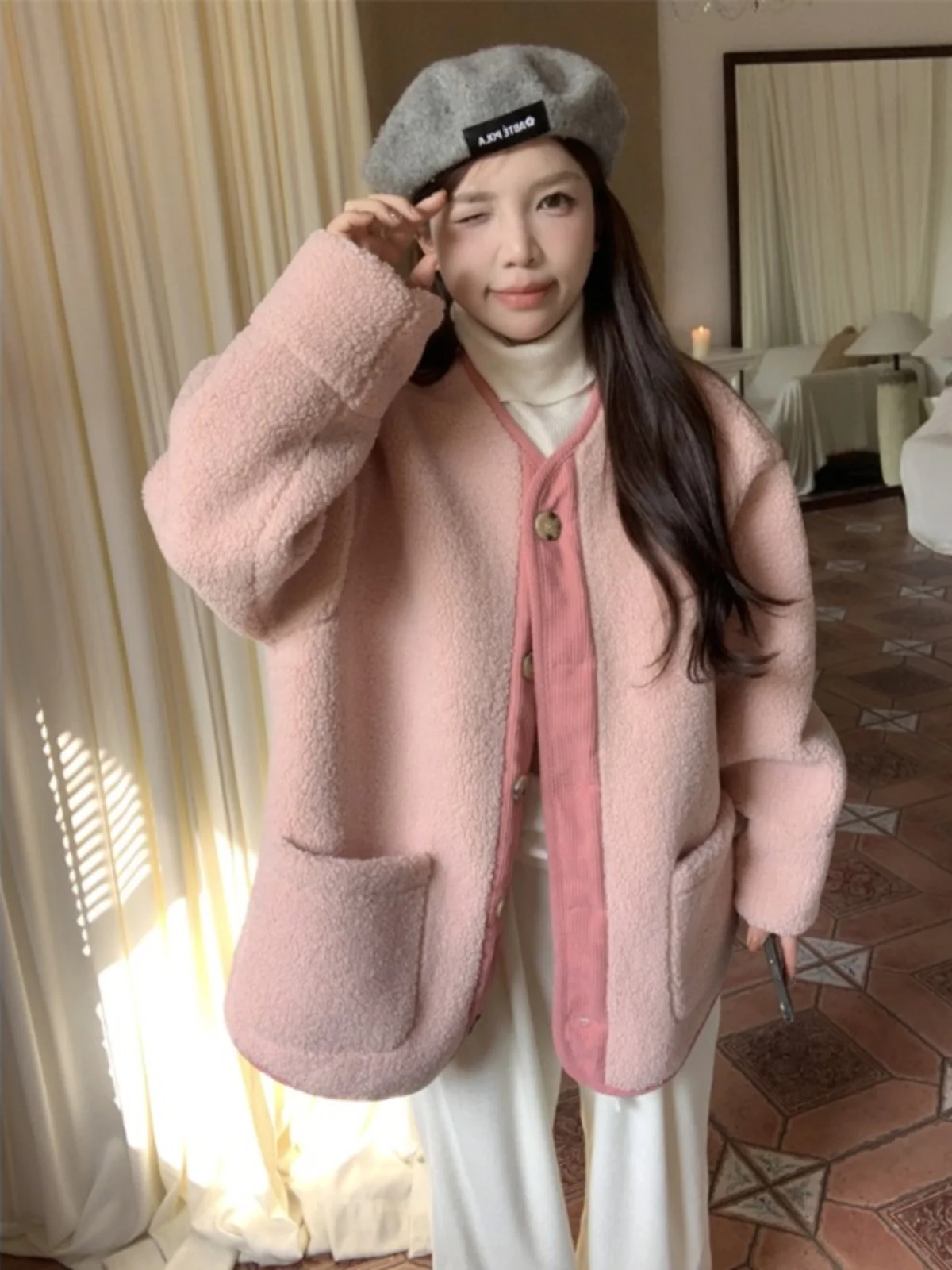 Японская мода Розовая верхняя одежда из овечьей шерсти с v-образным вырезом