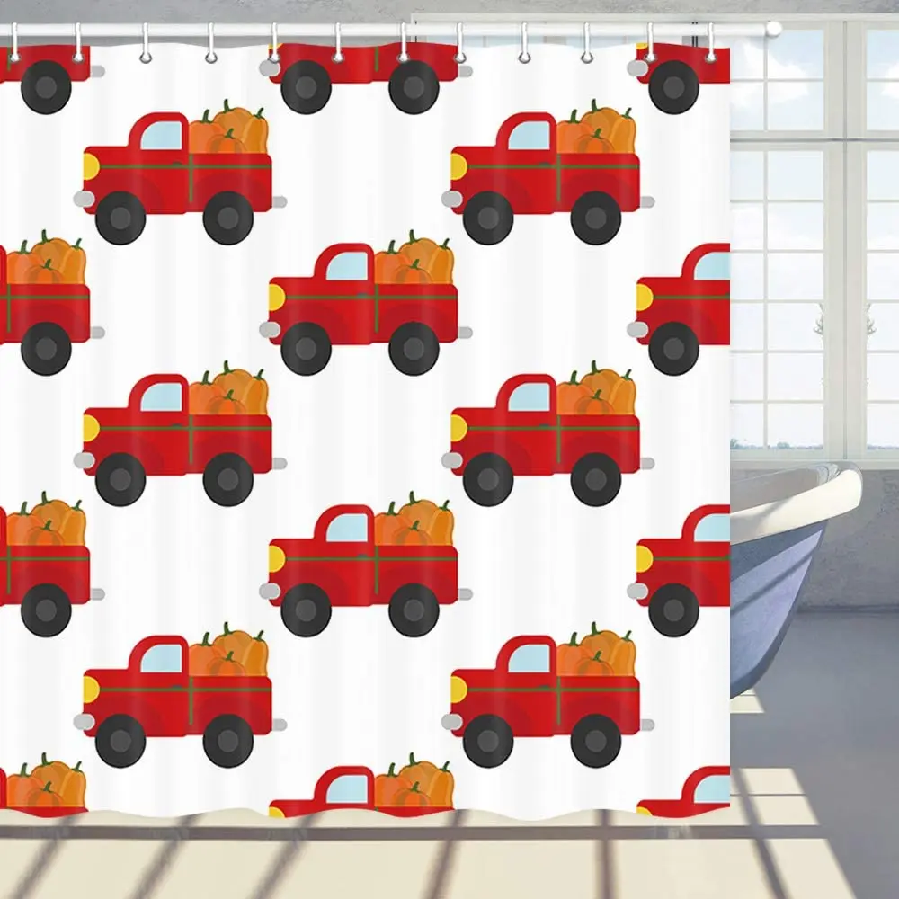 

Happy Thanksgiving Shower Curtain Cartoon Red Truck autumn Pumpkin Car Polyester Fabric Bath Bathroom Curtains Set with Hooks