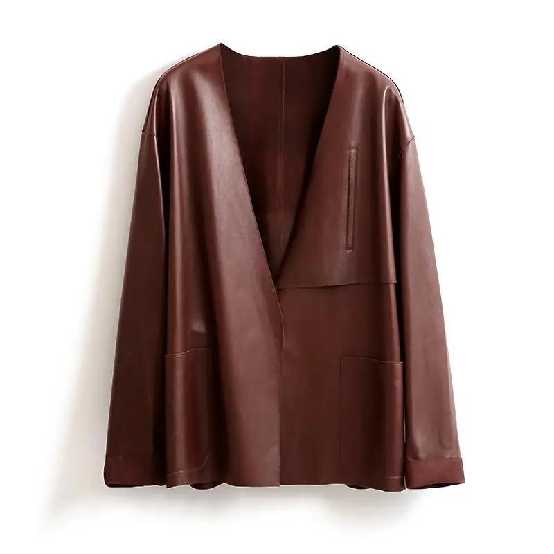 Fitaylor New Spring Autumn Pu Jacket Women Fashion V-neck Lace-up Faux Leather Lady Loose Solid Color Coat | Женская одежда