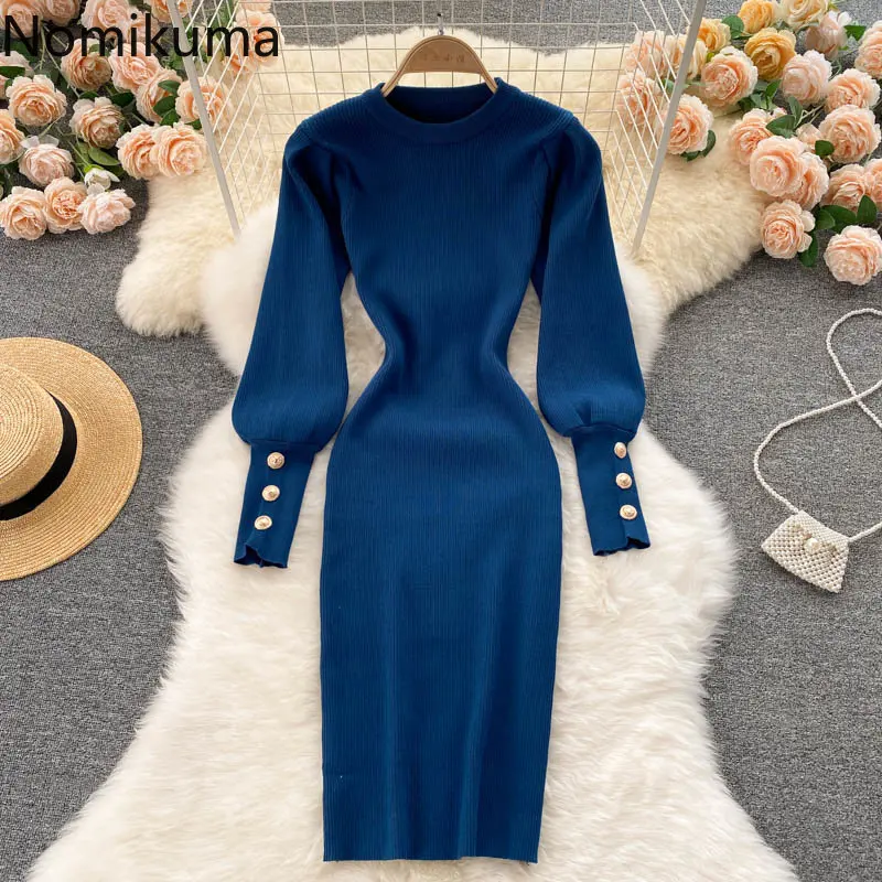 

Nomikuma Vestidos De Mujer осень зима пышные рукава однотонный Тонкий облегающий Vestido Feminino элегантное модное платье для женщин