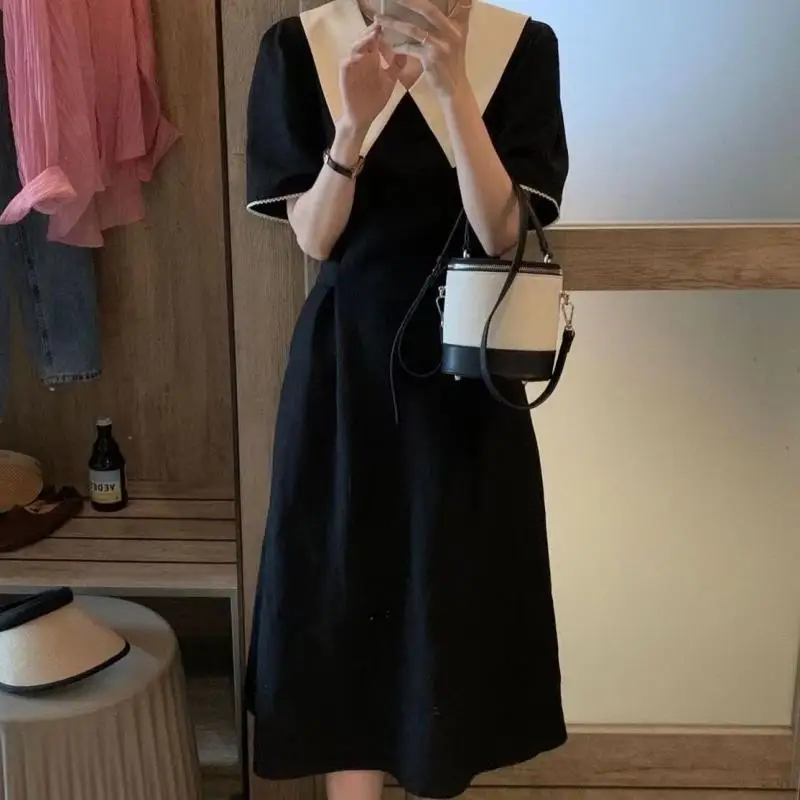 

Женское винтажное платье в стиле Хепберн, Летнее Длинное облегающее платье во французском стиле с матросским воротником и коротким рукавом