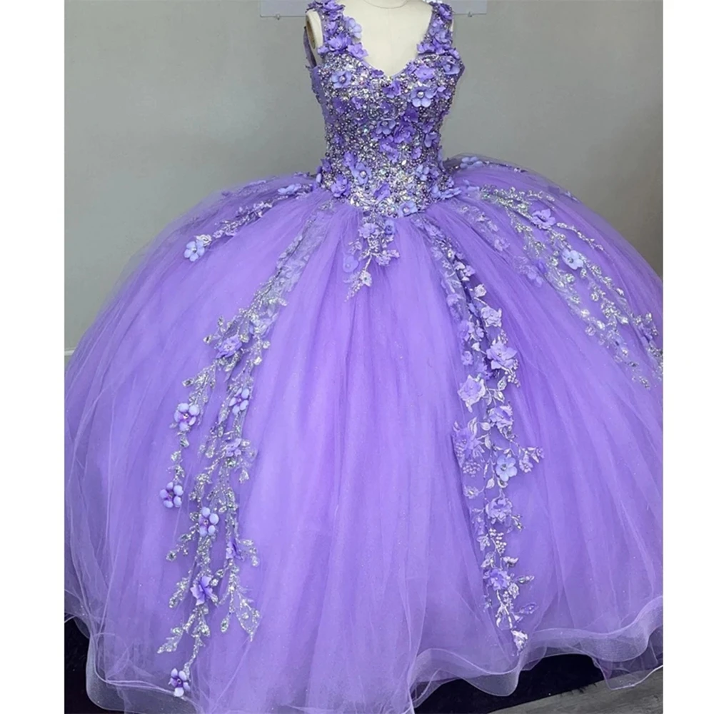 

ANGELSBRIDEP Lavender Lilac Vestidos De 15 Quinceañera 3D Flowers Lace Appliques V Neck Tulle Ball Gowns Long Vestido De Noiva