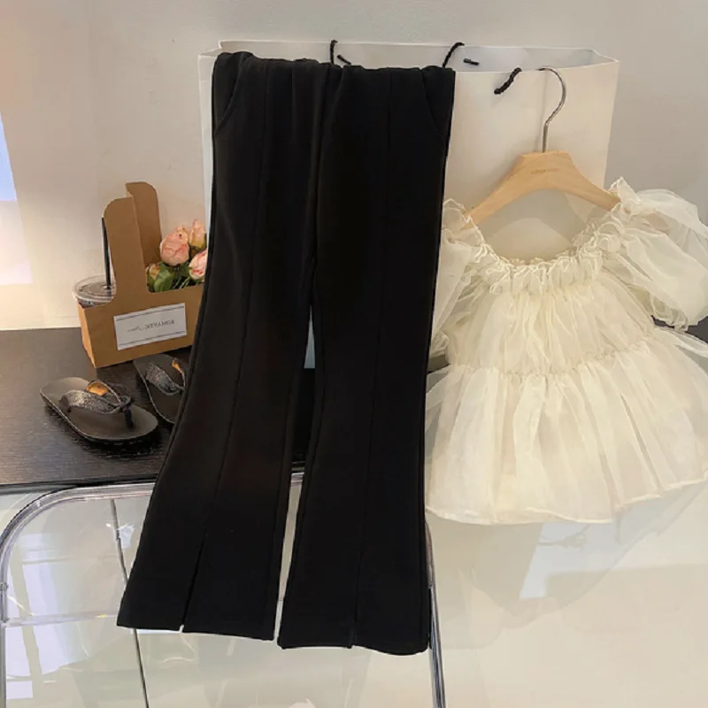 Summer Girls' Clothing Sets Fashion Solid Mesh Girls' Shirt Top+Flare Pants Baby Kids Clothes Suit Children Clothing