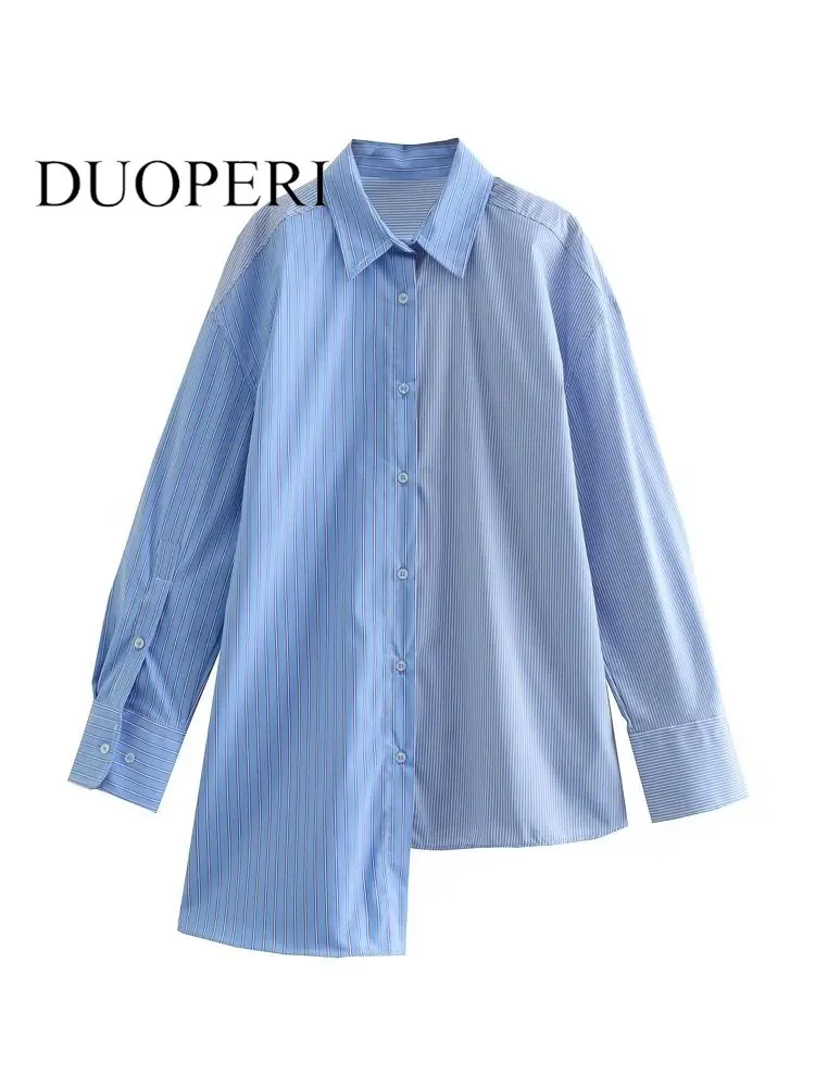 

Модная женская Асимметричная полосатая однобортная блузка DUOPERI, винтажные женские шикарные рубашки с длинными рукавами и воротником с лацк...