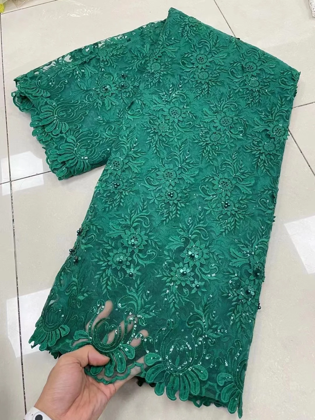 

African Lace Fabric High Quality Lace Sequins beades Embroidery Tulle Lace Fabric Green Milk Silk French Net Lace Fabric 5 Yard