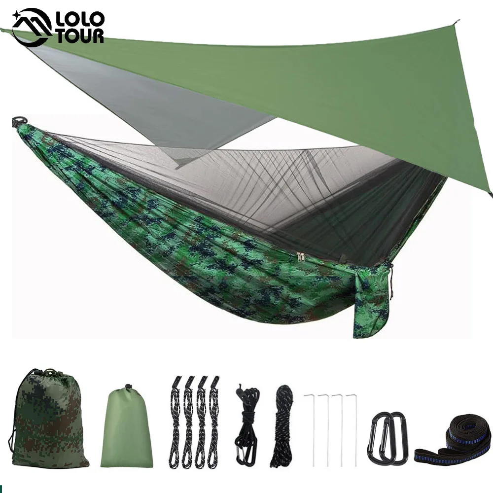 

Outdoor Camping Hammock With Rain Fly Tarp And Mosquito Net Tent Tree Straps Portable 1-2 Nylon Parachute Hammock For Travel New